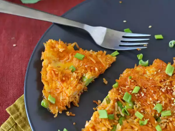 Resep Telur dadar dengan nasi renyah dan kacang kedelai, makanan pedas yang cepat dan bebas limbah!