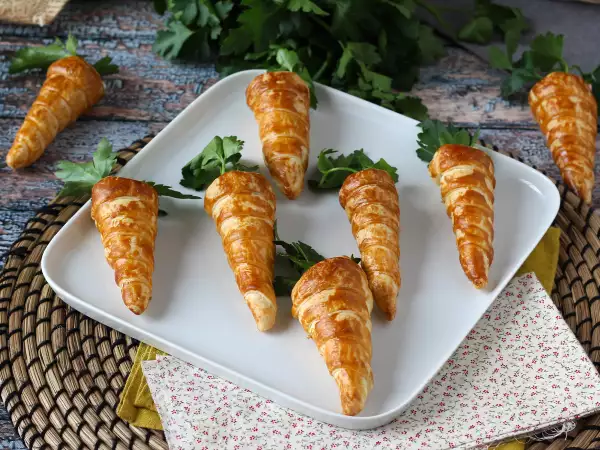 Resep Wortel puff pastry yang lucu untuk minuman beralkohol paskah: keju kambing dan tomat yang dijemur