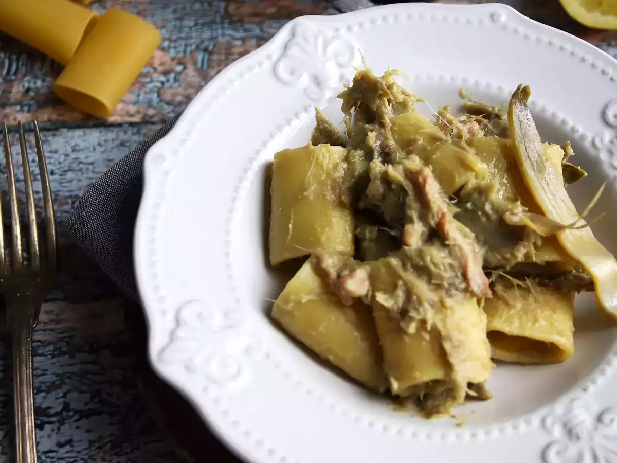 Pasta dengan artichoke dan daging asap, hidangan pertama yang lezat dan mudah disiapkan - foto 2