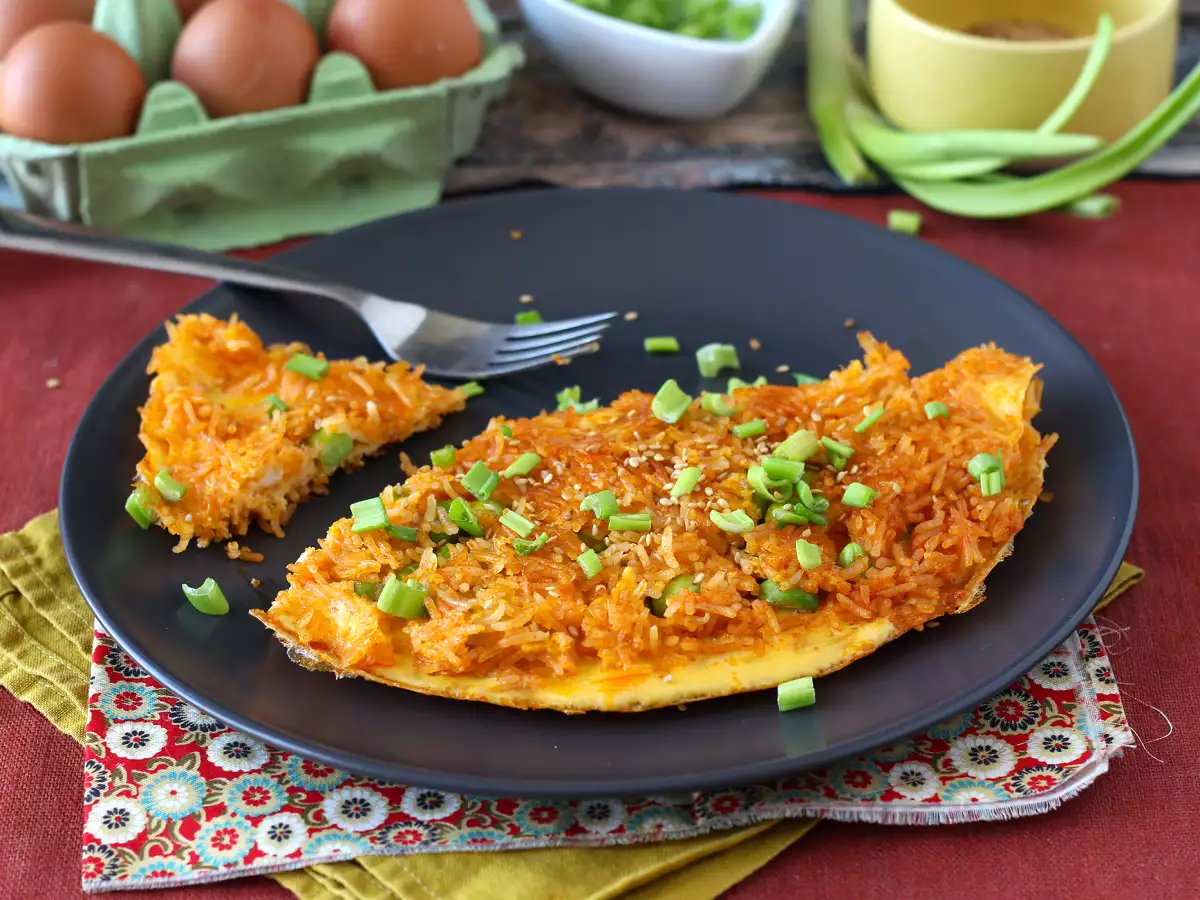 Telur dadar dengan nasi renyah dan kacang kedelai, makanan pedas yang cepat dan bebas limbah! - foto 2